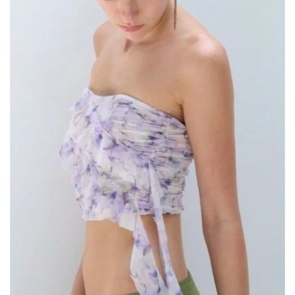 Zara Purple Floral Mesh Ruffle Tube Top Strapless Ruched Side Tie S 5039/385